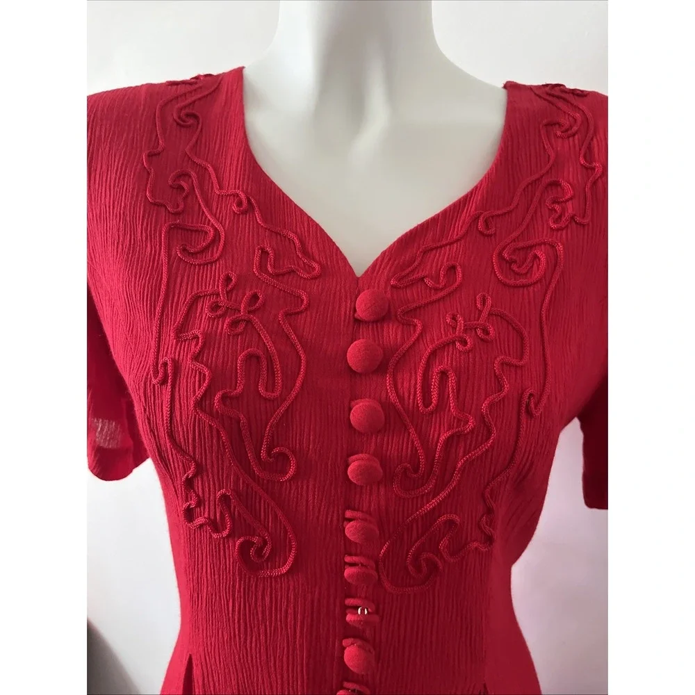 VTG Adam Jason Dress Size 10 Red 80's 90's Floral Embroidery Tie Boho Secretary